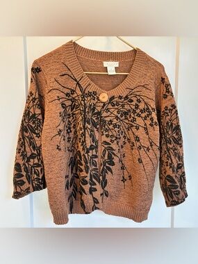 Vintage Tweed  Floral Print Button-Front Women’s Sweater - Brown 1X